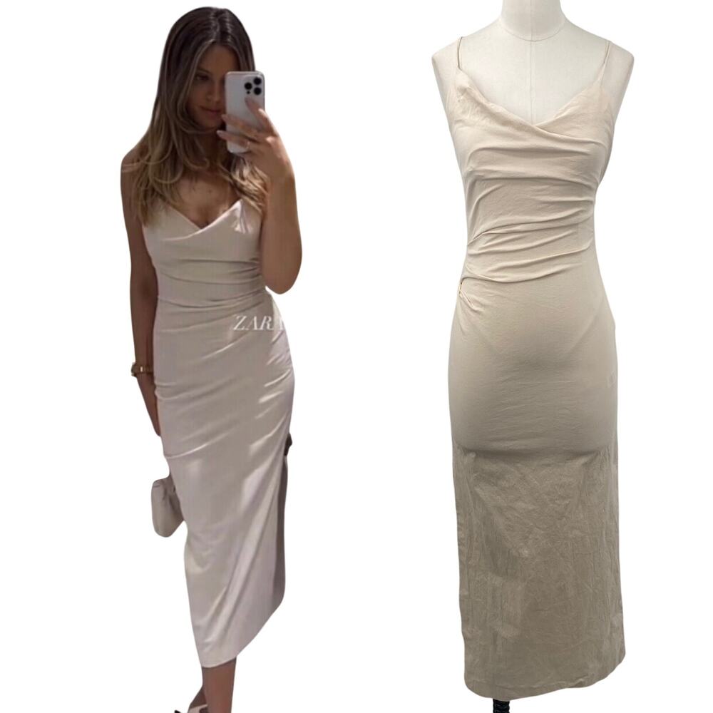 Zara Draped Midi Slip Dress Ruched Sheath Side Slit Cotton Cream Ivory Womens XS